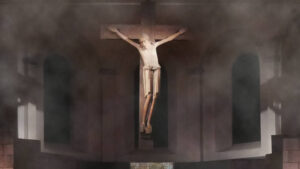 Kreuz mit Korpus im Nebel